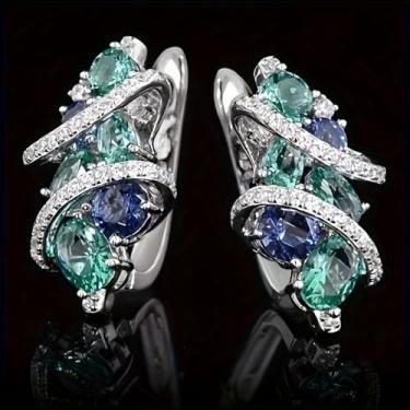 Imagem de Brincos de argola de zircônia cúbica verde e azul escuro banhados a prata para mulheres, festas noturnas, leves, presentes de joias