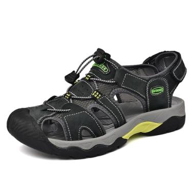 Imagem de Sandálias masculinas de bico fechado para uso ao ar livre - couro camurça, sola de borracha, respirável, anticolisão, antiderrapante, para caminhadas, praia, viagens, uso casual (preto, cinza, dourado