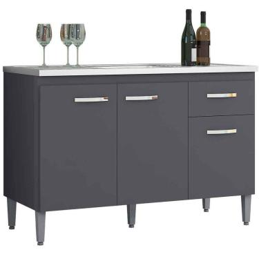 Imagem de Balcão de Pia Para Cozinha 120 Cm Graziela 3 Portas 1 Gaveta Cinza