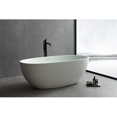 Imagem de Banheira de imersão independente de superfície sólida, banheira de banheiro independente de pedra artificial para adultos, dreno de latão e transbordamento inoxidável, branco (B) (A)