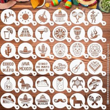 Imagem de JULBEAR 36 peças reutilizáveis Cinco de Mayo Fiesta mexicana estêncil de bolo de biscoito modelos de café ferramentas de molde para o México DIY pintura de assar sobremesa decoração de artesanato