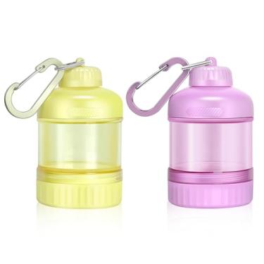 Imagem de BooMetCheer Pacote com 2 recipientes de proteína em pó com chaveiro e chaveiro, grande capacidade, transparente, à prova de vazamento, ideal para treinos, fitness ou viagens (rosa e amarelo)