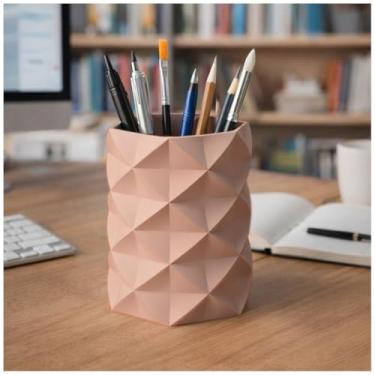 Imagem de Porta Canetas, Lápis, Pincel Geométrico Low Poly, Design Moderno, Organizador de Mesa, Estilo Minimalista (Creme/Bege)