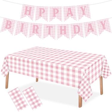 Imagem de Hillsuren 3 peças de decoração de festa de aniversário guingão rosa claro, faixa de feliz aniversário rosa claro e branco de 5 m e 2 peças de toalha de mesa de plástico quadriculada de 137 x 274 cm