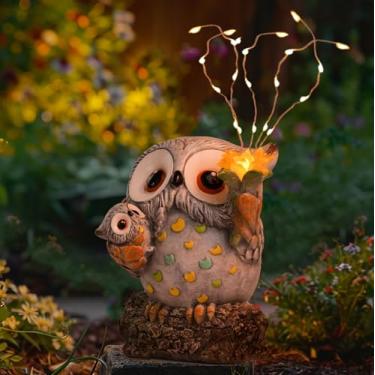 Imagem de Estátuas de jardim solar, decoração ao ar livre, estátua de coruja de fada, decoração de jardim, decorações de jardim de resina ao ar livre para pátio, varanda, varanda, enfeites de gramado, presentes