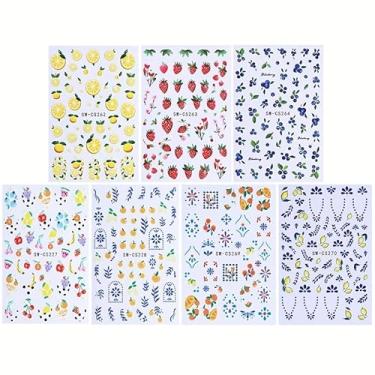 Imagem de 5 folhas de adesivos de arte de unhas de frutas - designs florais de verão limão morango mirtilo, decalques de unhas autoadesivos para manicure DIY, decoração de unhas para mulheres e meninas