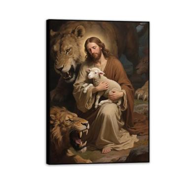 Imagem de Jesus leão cordeiro pintura leão arte de parede religiosa Jesus e cordeiro tela decoração de casa para igreja cristã sala de oração sala de estar decoração de parede 42 x 30 cm (43.2x30.5 cm) preto