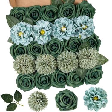 Imagem de BSMYBO Combo de flores artificiais, rosas falsas, dália, flores verdes, bola de crisântemo artificial com hastes para casamento, buquês de noiva, centros de mesa, decoração de casa para chá de bebê