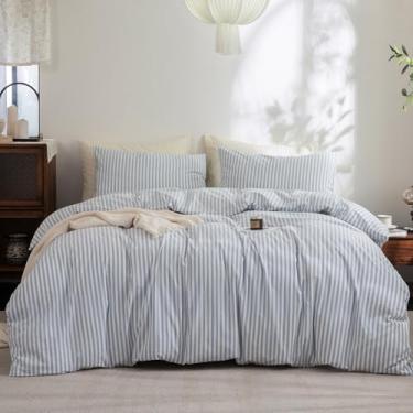 Imagem de FOSSA Conjunto de capa de edredom listrado 100% algodão lavado, sensação de linho, super macio, respirável, aconchegante, 3 peças, azul centáurea, branco, listras clássicas, Super King Plus