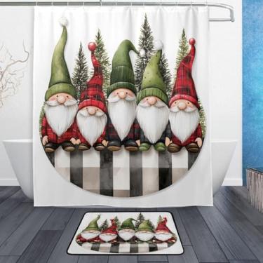 Imagem de xigua Gnomos de Natal fofos conjuntos de tapetes de cortina de banho 2 peças, conjunto de tema de banheiro (152 x 182 cm) com cortina de chuveiro e tapete antiderrapante -12 ganchos435