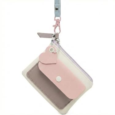 Imagem de Carteira Feminina Pequena com Alça de Pescoço, Mini Bolsa Transversal Porta Moedas, Couro PU, Tons Pastel, Estilo Kawaii, para Cartões Chaves Batom (Creme)