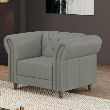 Imagem de Poltrona Decorativa Sala de Estar Stanford Chesterfield Pés de Madeira Couro Cinza G58 - Gran Belo