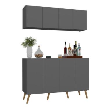 Imagem de Kit Bar Armário Aéreo E Aparador 4 Portas Retrô Multimóveis Mp1086 Grafite/natural Grafite/natural
