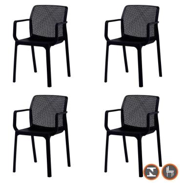 Imagem de Kit 4 Cadeiras Com Braços Empilhavel Inmetro Sardenha Vega Fratini Polipropileno Preto