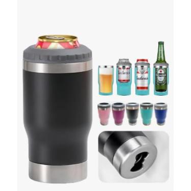 Imagem de Copo Térmico Porta Latas e Isolador 4 em 1 para Lata Fina e Padrão de 355ml e Long Neck de Cerveja. Copo Térmico de Aço Inoxidável Isolado a Vácuo Abridor Integrado