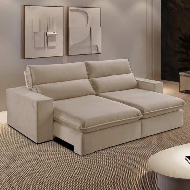 Imagem de Sofá Retrátil E Reclinável Bee 1,90m Veludo Cor Bege 2137 Usb Com Kit Usb