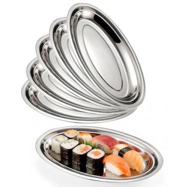 Imagem de Travessa oval de aço inoxidável, pacote com 6 bandejas para serviço pesado, bandeja espelhada para servir peixe, sushi, carne, sobremesa, bandeja oval para servir (prata, 35 x 21 x 3 cm)
