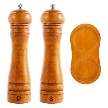 Imagem de KHZSPP Conjunto de 2 peças de moedor de sal e pimenta de madeira, moedor de sal e pimenta recarregável manual com bandeja grossura ajustável para temperos, especiarias, cozinha, inauguração de casa