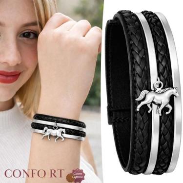 Imagem de Pulseira Couro Country Trançada Preto e Prata Cavalo - Granado Acessór