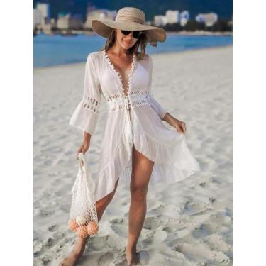 Imagem de Kimono Longo Boho De Verão Com Renda E Crochê, Blusa Aberta Na Frente 