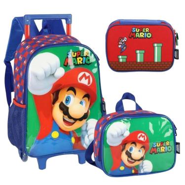 Imagem de Kit Mochila Rodinhas Super Mario Verde Lancheira Estojo Box Escolar Infantil Luxcel-Masculino