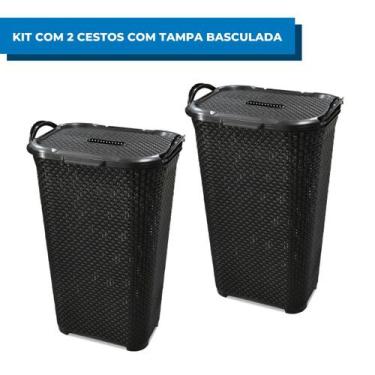 Imagem de Kit com 2 Cestos Rattan Com Tampa Basculada Preto 50L - Arqplast