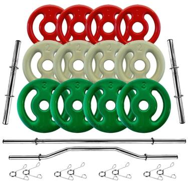 Imagem de Kit 24Kg Anilhas Emborrachadas com Barras de 40cm e 1,20m + Barra W 1,20m-Unissex