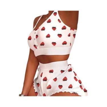 Imagem de Conjunto De Pijama Sexy Feminino 2 Peças Com Estampa, Camisola, Top E 