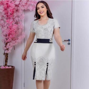 Imagem de Vestido Evangelico Feminino Tubinho estampado Branco Barato Oferta - U