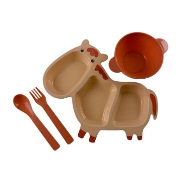 Imagem de Kit Refeição Infantil Prato Talheres Tijelinha Criança Bebê Papinha Marrom