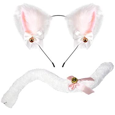 Imagem de FUNCREDIBLE Conjunto de orelhas e cauda de gato | Faixa de cabeça de orelhas de gato com cauda | Orelhas Neko de anime de gatinho | Acessórios de fantasia de gato para festa de Halloween para mulheres e meninas adultos (Branco)