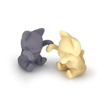 Imagem de 2 gatos gatinhos forma bege/cinza infusor de chá solto coador de folhas herbais e frutas difusor de filtro de chá de grau alimentício silicone livre de BPA Adicione diversão à hora do chá para amantes de gatos lote de dois