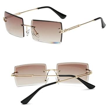 Imagem de Óculos de sol sem aro quadrado pequeno luxo tendência vintage óculos de sol para mulheres/homens estilo gradiente de metal sombra retangular, chá dourado C2, tamanho único