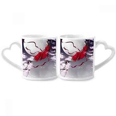 Imagem de Conjunto de canecas de porcelana para casais, aquarela, estilo chinês, lua vermelha, coração