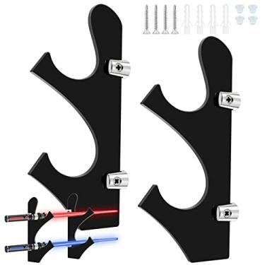 Imagem de Eummy Conjunto de 2 suportes de espada para parede com 2 níveis Katana suporte ajustável para espada fácil de instalar gancho de espada samurai japonês para sabre de luz de arma Samurai (preto)