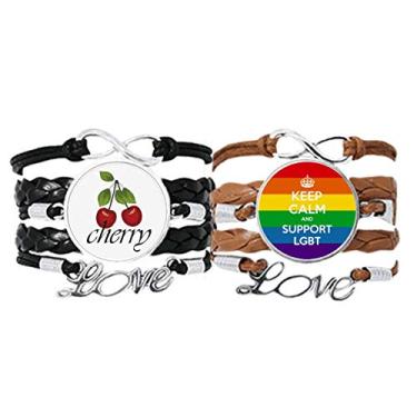 Imagem de DIYthinker Pulseira LGBT com bandeira bissexual, arco-íris, transgênero, pulseira de mão, corda de couro, cereja, conjunto duplo