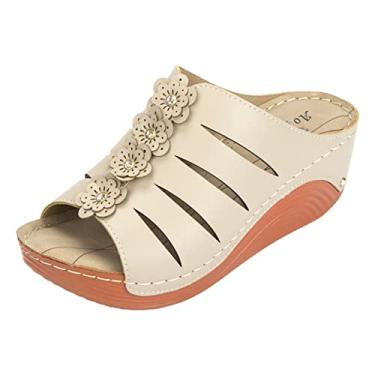 Imagem de Sandálias de cunha para mulheres moda flor anabela sandálias sapatos femininos casuais senhoras floral slip sandálias femininas (A, 35)