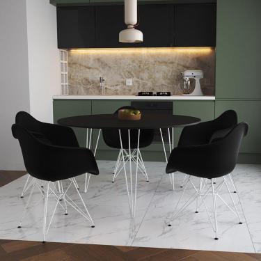 Imagem de Mesa Jantar Redonda 110Cm Preta Clips 3 Pés Com 5 Poltronas Pretas Ferro Branco - Cor:...