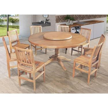 Imagem de Mesa Jantar Redonda 1,60M Prato Giratório Amélia Com 8 Cadeira Ripada Confort Natural - Marrom
