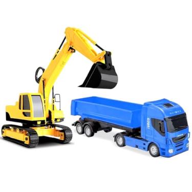 Imagem de Kit Carrinhos Máquina Pesadas Escavadeira e Caminhão Levanta Caçamba Brinquedo Infantil Construção