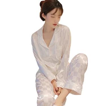 Imagem de Conjuntos de Pijamas de Seda Leve Pijama Feminino Manga Comprida Cardigan Conjunto de Seda Gelo Roupa de Casa (Cor: A, Tamanho: Código L)