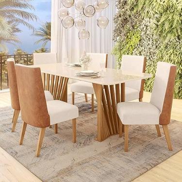 Imagem de Conjunto Sala de Jantar Mesa Tampo MDF/Vidro com 6 Cadeiras Milena Nature/Off White/Linho
