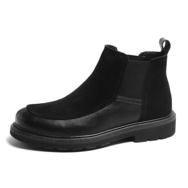Imagem de MANLADUO Botas Chelsea masculinas de couro genuíno com design clássico britânico color block, textura de camurça, estilo slip-on, botas casuais de cano alto com sola grossa para conforto elegante,