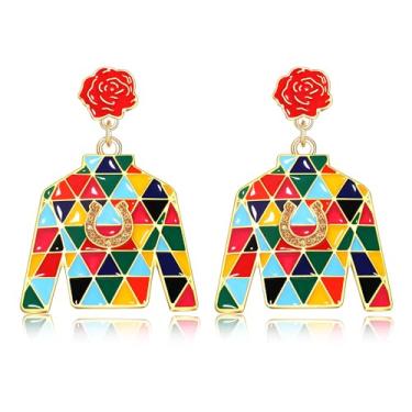 Imagem de Brincos Kentucky Derby para mulheres, traje de equitação Derby, brincos de ferradura, dia de corrida de cavalos, brincos com pingente de gota de flor rosa Kentucky Derby, acessórios para roupas e