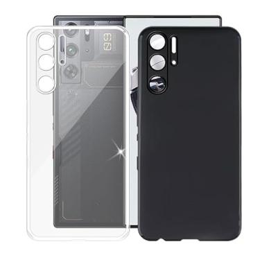 Imagem de AQGGIIXY Capa para ZTE Nubia Red Magic 9 Pro (6,8 polegadas), capa protetora de silicone macio preta, 1 peça + 1 peça capa protetora de telefone de borracha flexível transparente capa de TPU para ZTE