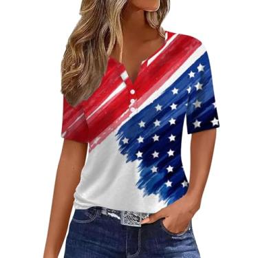 Imagem de Camiseta feminina Summer Dependence Day Henley com bandeira dos EUA, mangas curtas, casual, roupas de 4 de julho, Vermelho - B, XXG