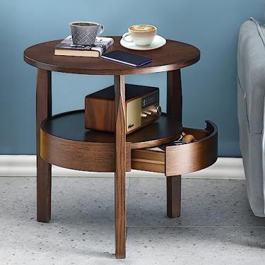 Imagem de Mesa de centro redonda com gaveta oculta – Mesa lateral pequena de madeira natural com gaveta, mesa de canto retrô rústica de 2 andares com armazenamento, mesa de centro pequena marrom para sala de