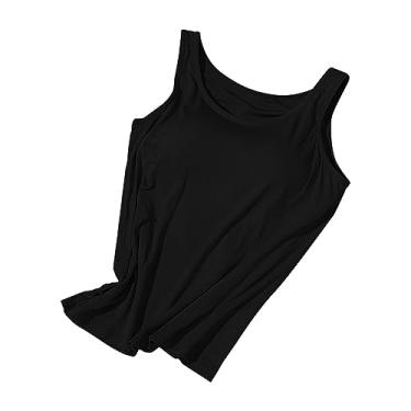 Imagem de Regatas femininas com sutiã embutido acolchoado alça larga camiseta verão básica lisa ioga atlética casual colete elástico, Preto, XXG