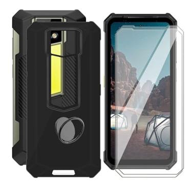 Imagem de AQGGIIXY Capa preta para Ulefone Armor 24 (6,7 polegadas) com 2 x vidro temperado + suporte de anel de metal para celular de 360°, capa fina de silicone macio antiarranhões à prova de choque TPU para