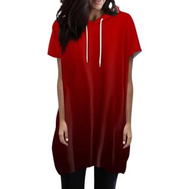 Imagem de Moletom feminino de verão extragrande casual gola redonda manga curta camisas longas leves 2024 blusas soltas modernas com bolsos, Vermelho, G
